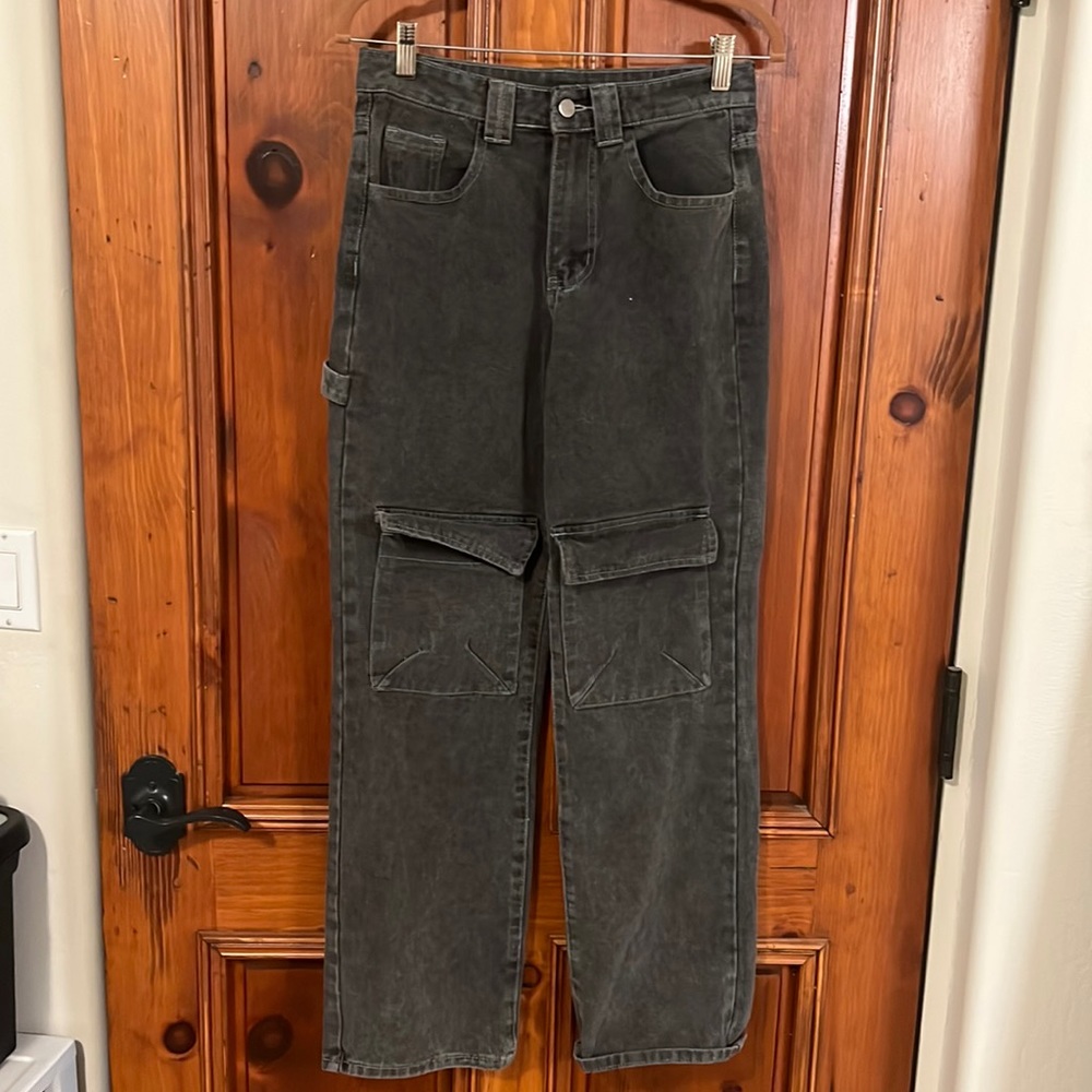 Shein, dark grey long cargo pants, non stretch